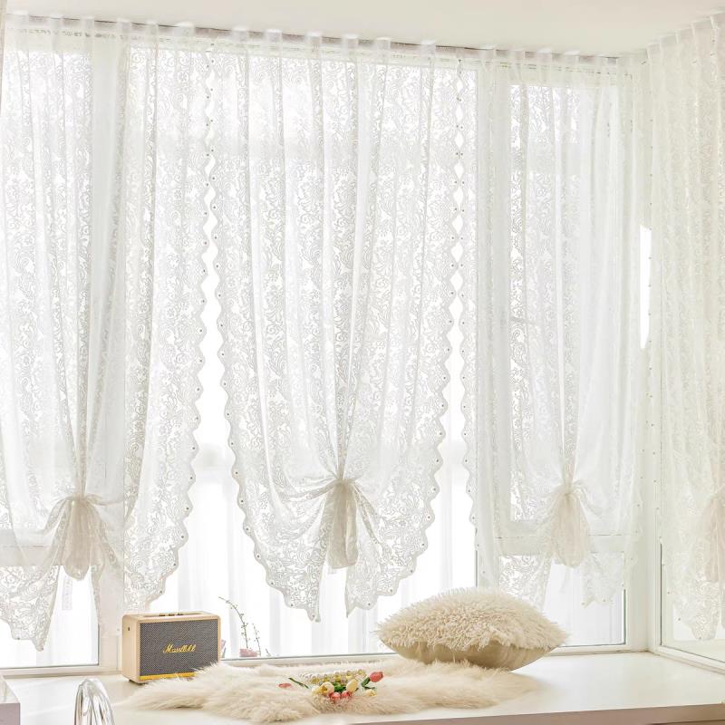 免打孔魔术贴钉珠窗帘窗纱法式蕾丝窗帘客厅阳台飘窗门帘隔断穿杆