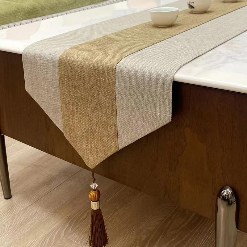 复古布艺中式桌旗现代简约棉麻拼色流苏长桌布茶几节日茶台装饰巾