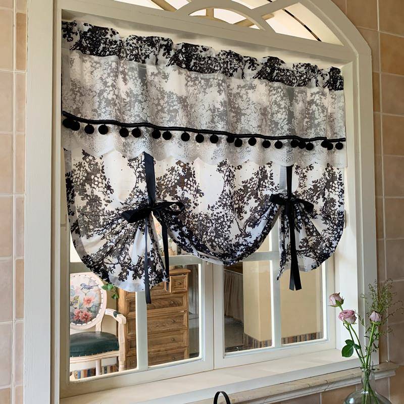 法式中古风美式纱帘提拉帘升降帘透光不透人窗帘免打孔魔术贴窗幔