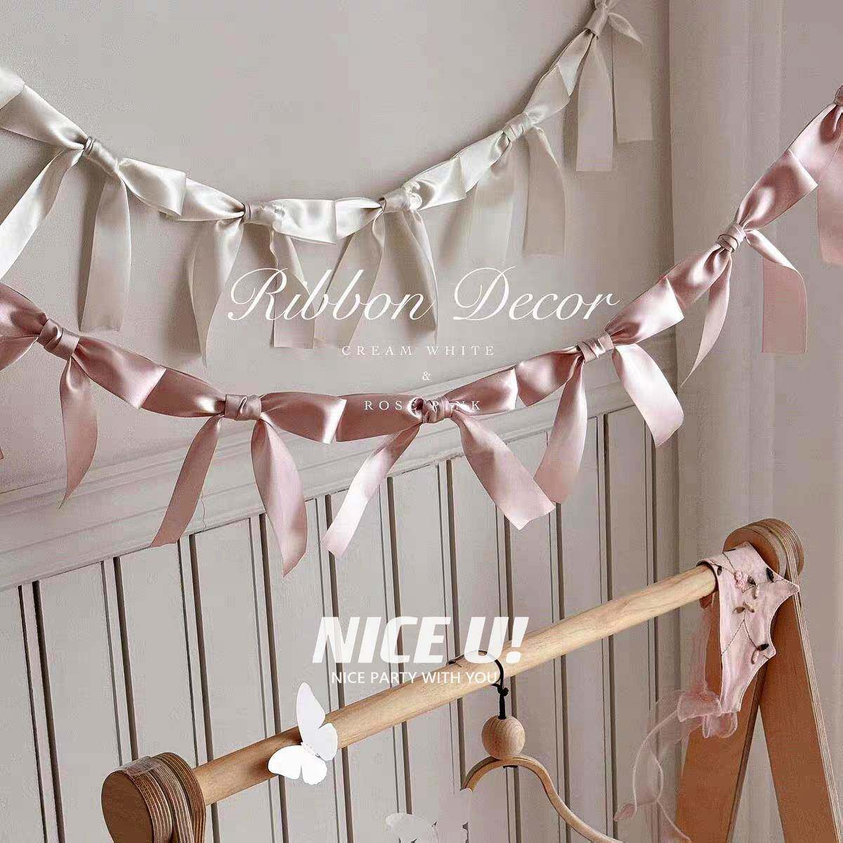 自制ins风手打蝴蝶结拉旗成品公主儿童生日婚礼派对拍照横幅拉花