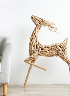 手工地动木鹿摆件落新房开创业装饰客厅室内橱窗招财33195物结婚