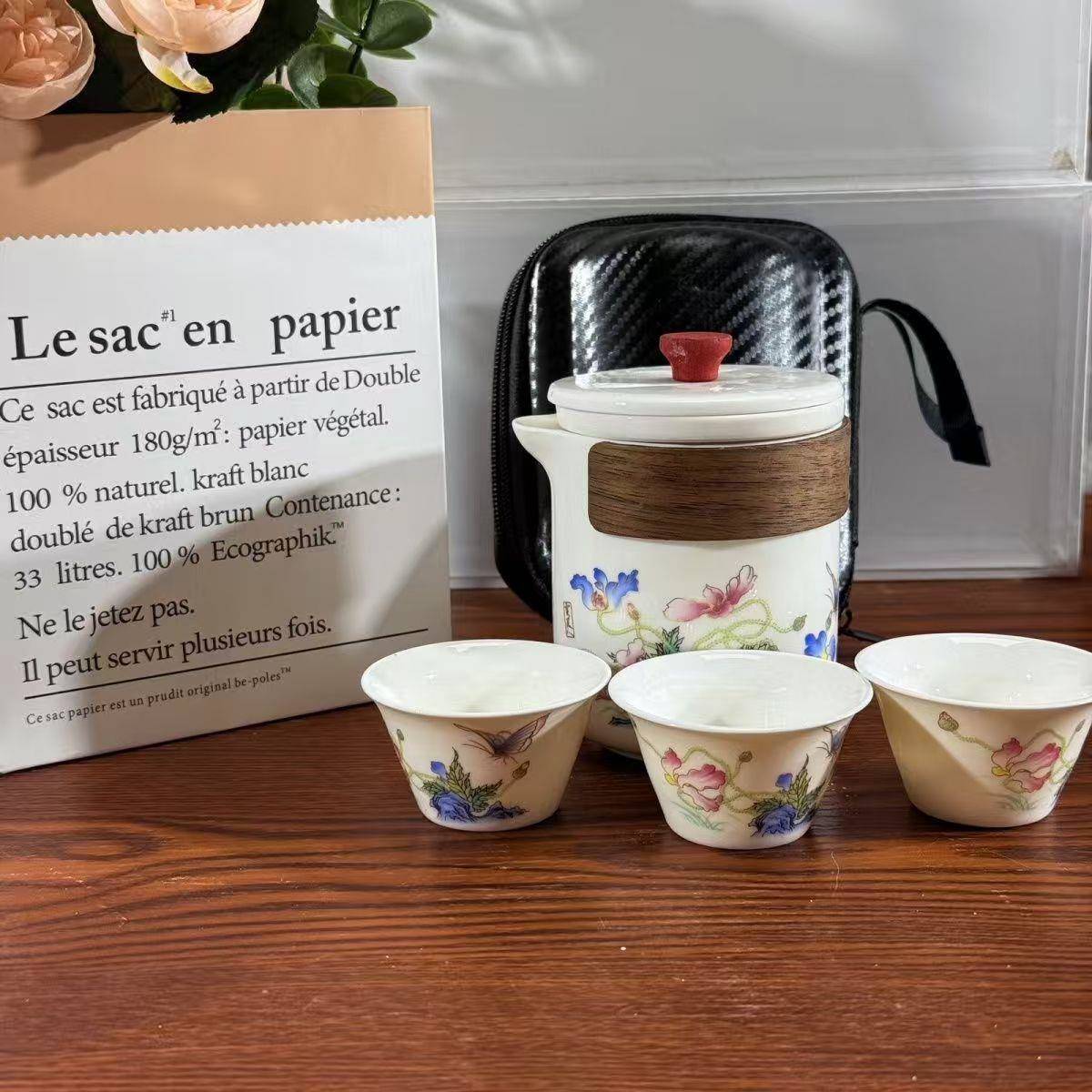 QD239羊脂玉瓷蝶恋花旅行茶具快客杯