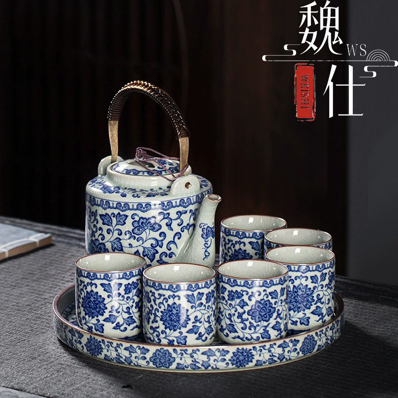 青花瓷茶壶冷水壶家用带过滤托盘茶盘子2025新款陶瓷功夫茶具套组