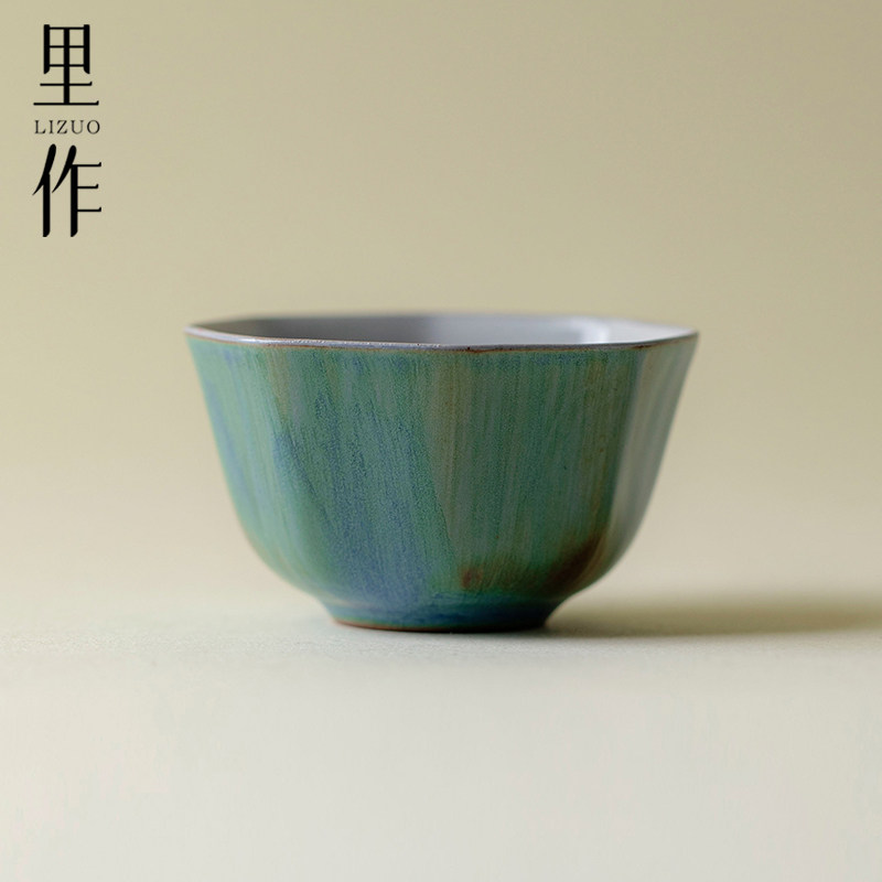 里作粗陶窑变八方茶杯创意诧寂风官绿釉陶艺品茗杯功夫茶具主人杯图片
