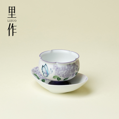 里作 手绘绣球花蝶高足茶杯高颜值陶瓷主人杯个人专用茶具品茗杯