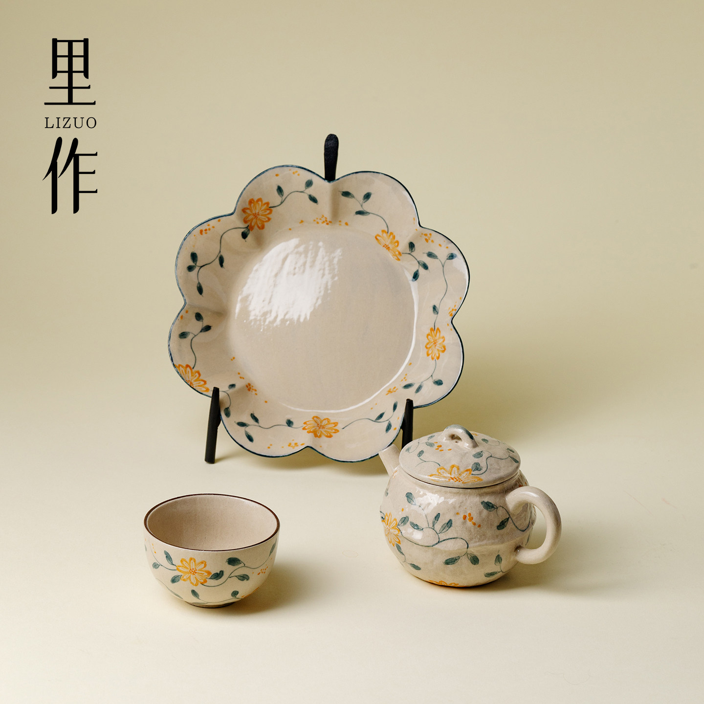 里作 粗陶手绘缠枝莲功夫茶具景德镇高端手工茶壶壶承茶杯品茗杯