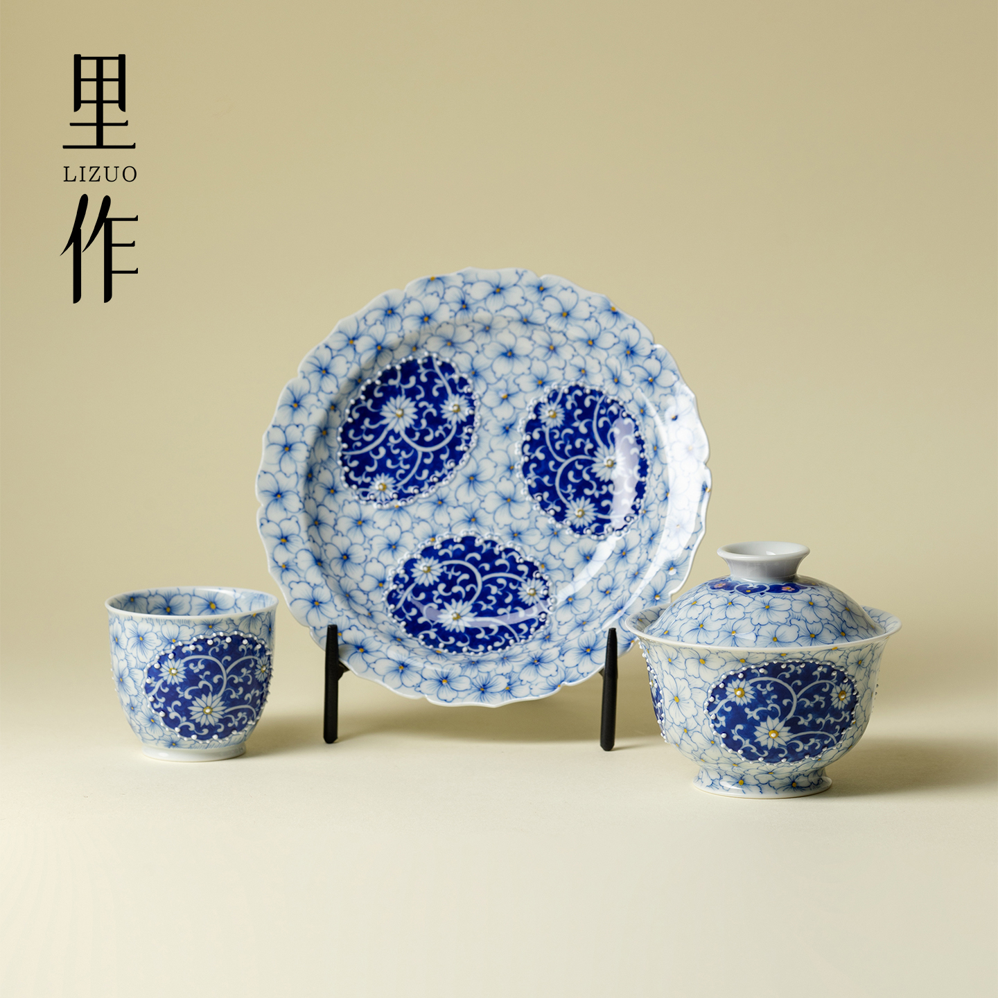 里作精工青花手绘樱花开窗盖碗主人杯茶盏茶杯壶承景德镇陶瓷茶具