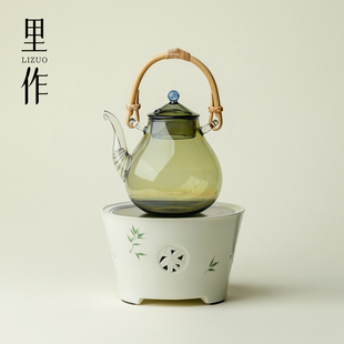 里作手绘竹子电陶炉烧水壶套装创意家用高档高硼硅玻璃提梁煮茶壶