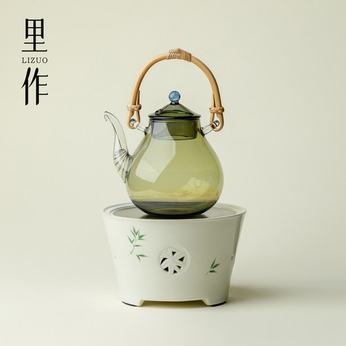 里作手绘竹子电陶炉烧水壶套装创意家用高档高硼硅玻璃提梁煮茶壶