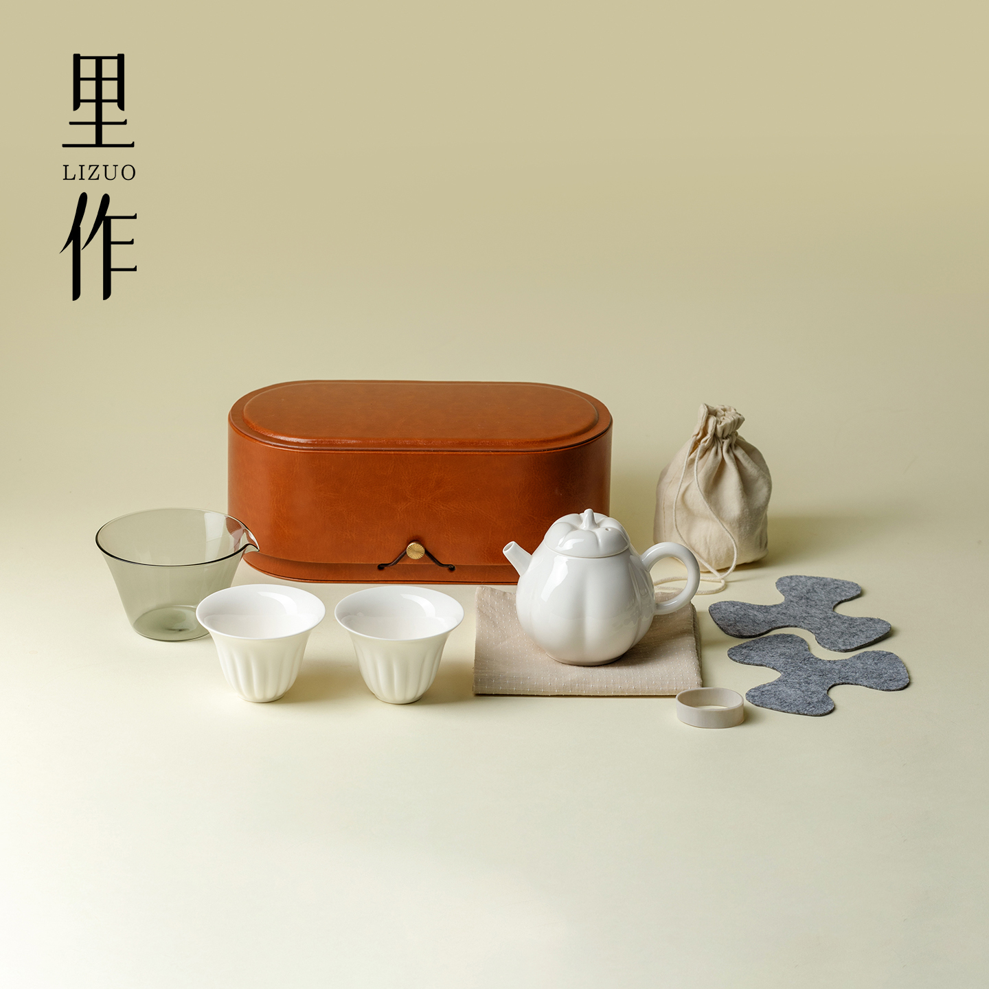里作极简白瓷南瓜壶茶杯旅行茶具套装便携式收纳皮包一壶两杯套组