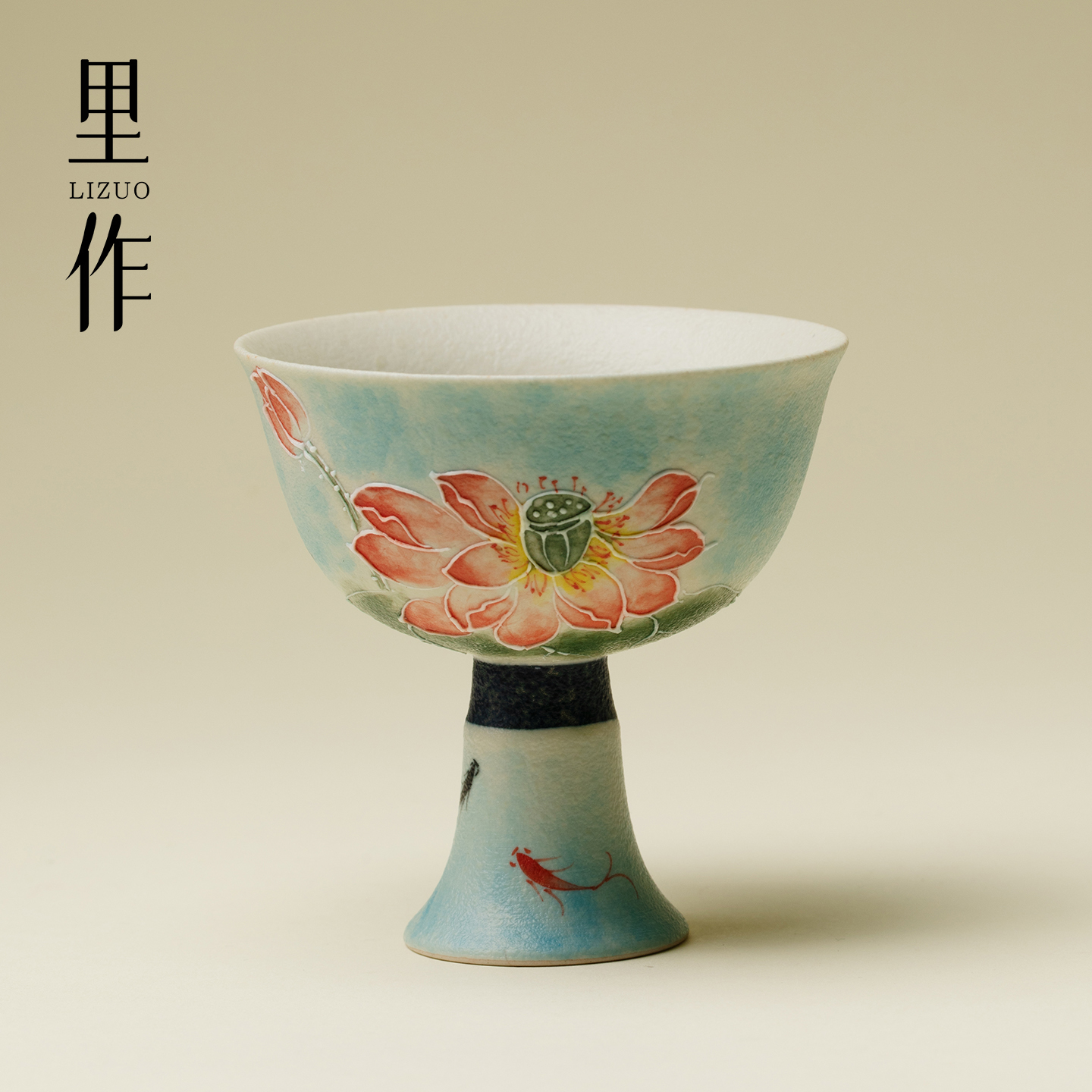 里作 手绘蓝汀粉莲仿宋高足主人杯焦糖釉复古茶盏茶杯釉下彩茶具