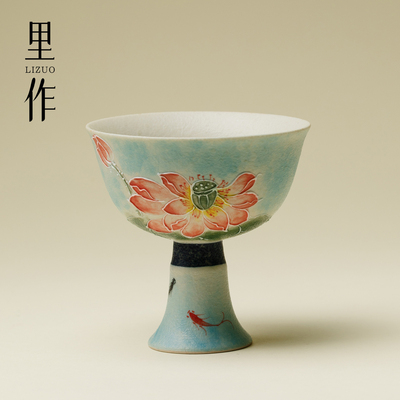 里作 手绘蓝汀粉莲仿宋高足主人杯焦糖釉复古茶盏茶杯釉下彩茶具
