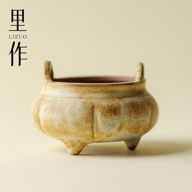 里作 日式粗陶窑变手工南瓜香炉禅艺李朝白家用三足香插室内香薰