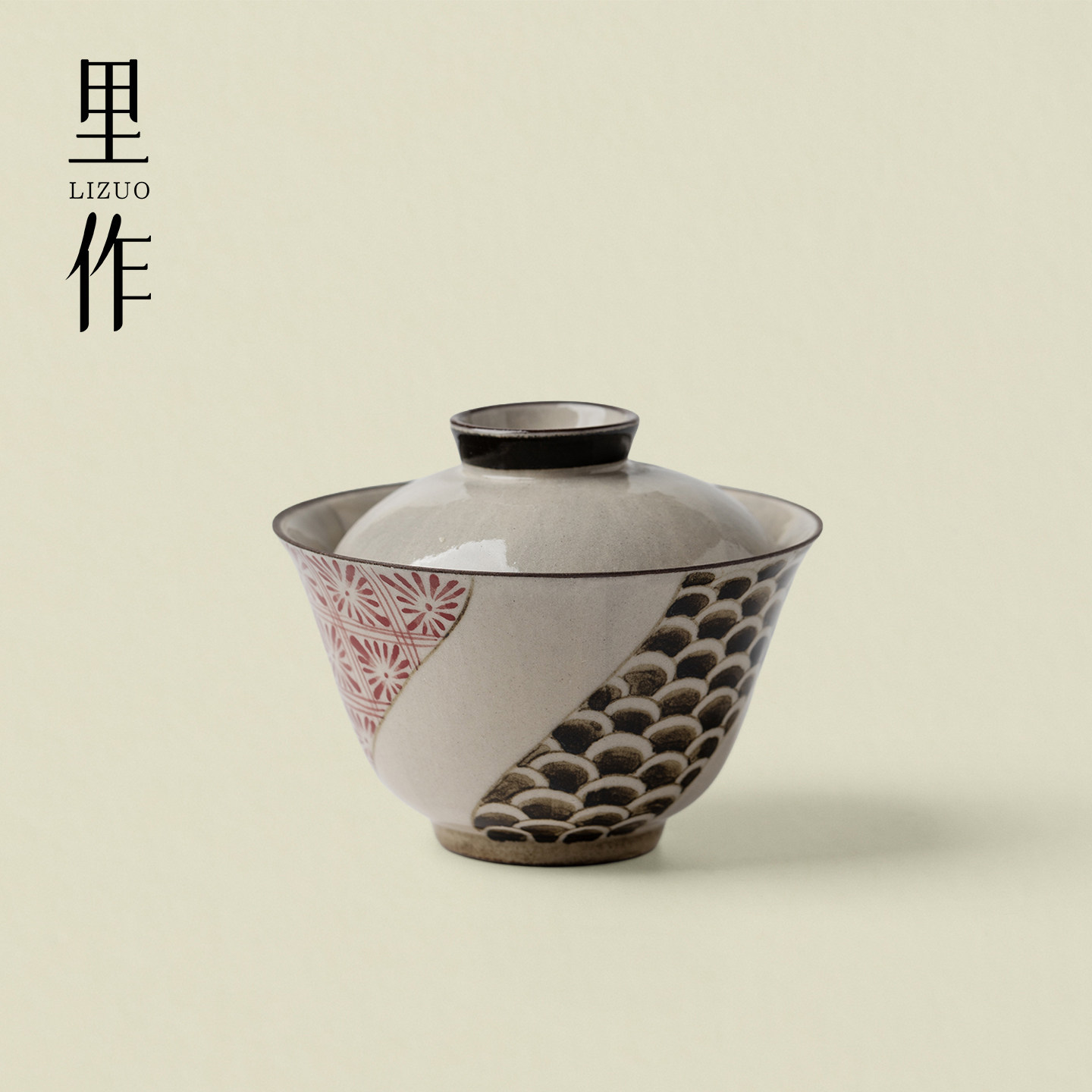 里作日本手工陶器泡茶碗手绘两端花二才盖碗中古风古道具功夫茶具