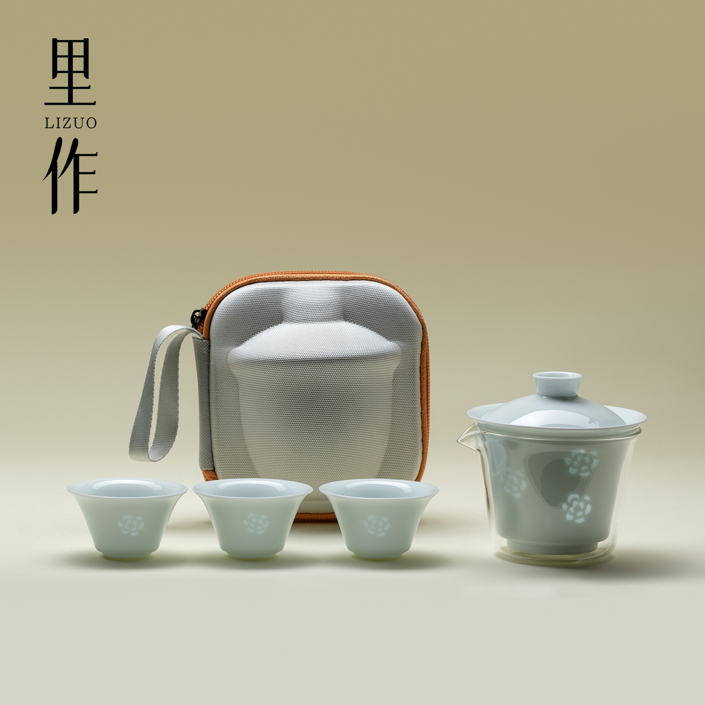 里作 玲珑瓷耐热玻璃快客杯一壶三杯便携式户外车载旅行茶具套装