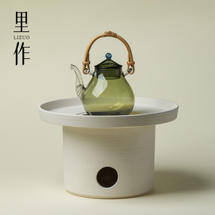 里作 日式耐火白泥碳炉围炉煮茶桌套装酒精燃油炉玻璃烧水壶套装