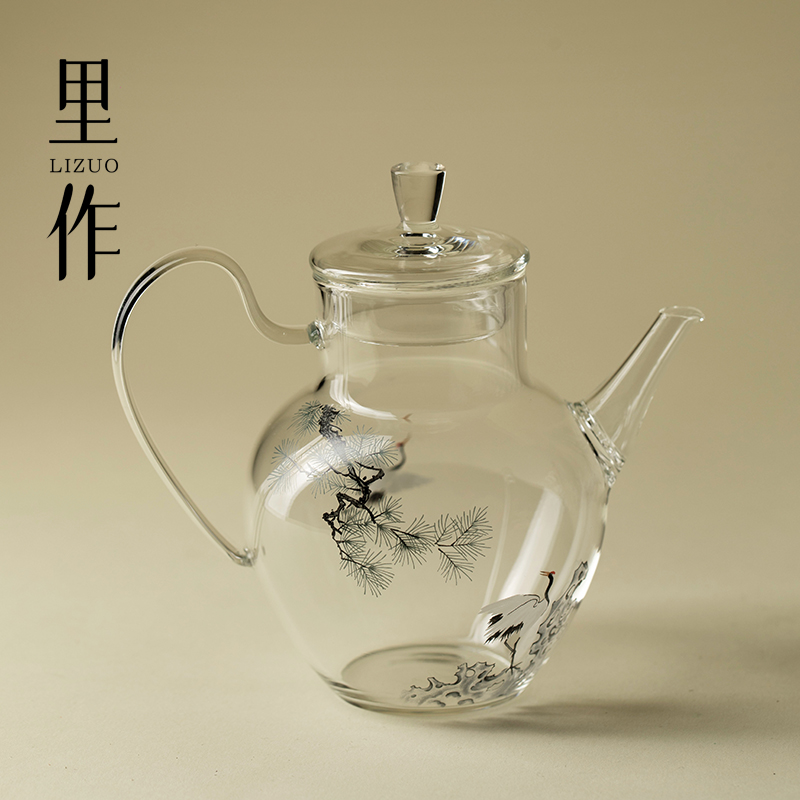 里作高端墨彩松鹤玻璃泡茶壶耐高温花茶壶家用带过滤功夫茶具茶器