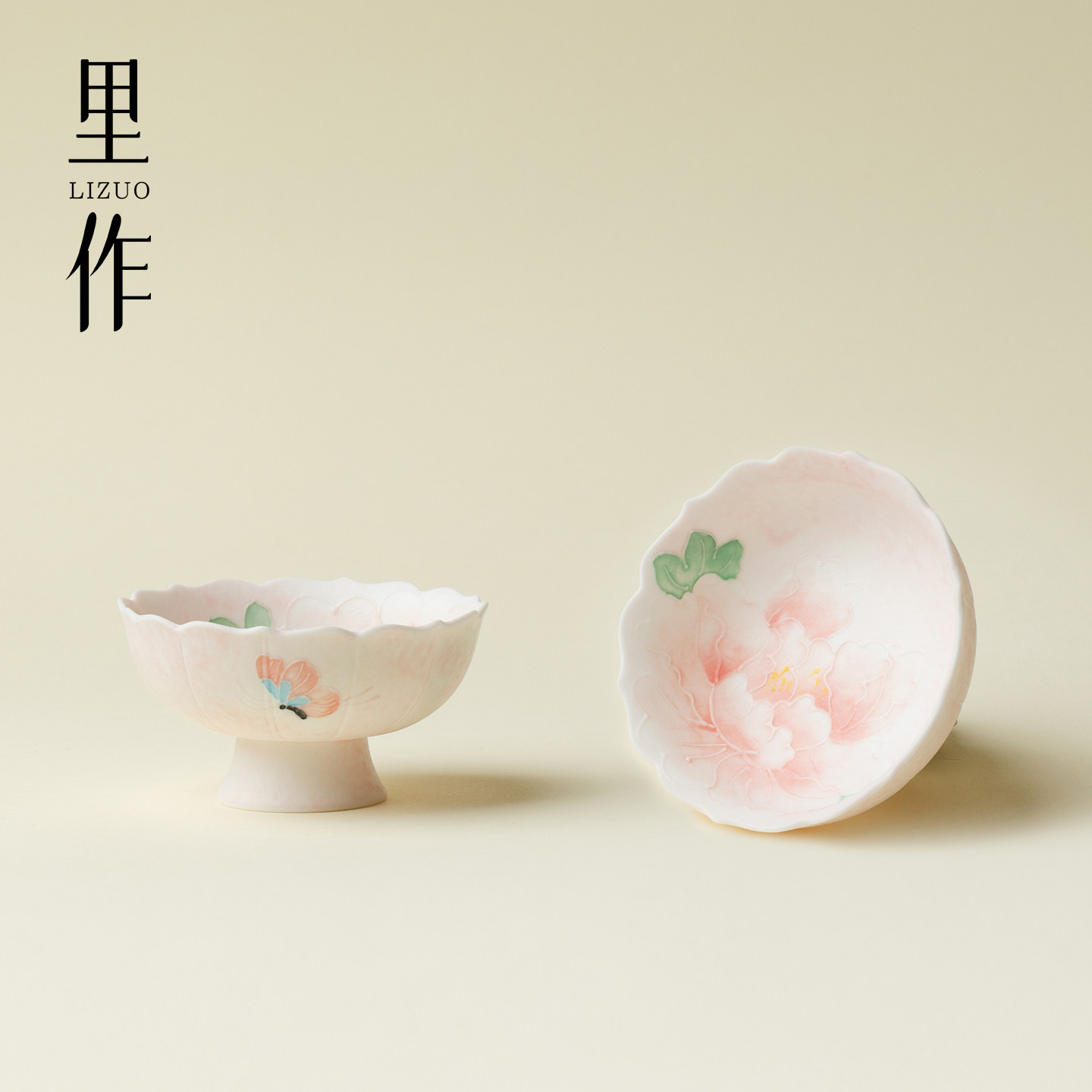 里作 雪花白手绘主人杯浅粉牡丹高足茶杯高档陶瓷品茗杯家用单杯