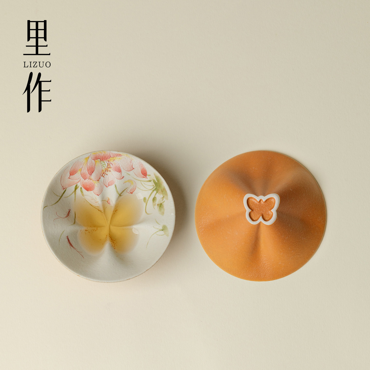 里作 手工蝴蝶乾坤杯陶瓷手绘橙色荷花茶杯景德镇喝茶茶具主人杯