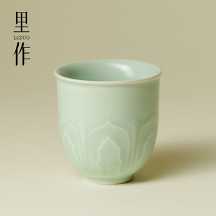 里作 天青色汝窑手工浮雕茶杯不开片精致喝主人杯功夫茶具品茗杯