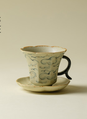 里作青花火石手绘祥云茶杯杯垫套杯高档个人专用主人杯复古品茗杯