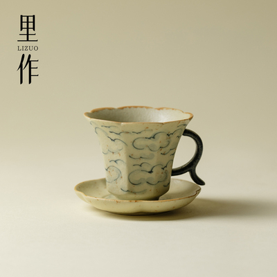 里作青花火石手绘祥云茶杯杯垫套杯高档个人专用主人杯复古品茗杯
