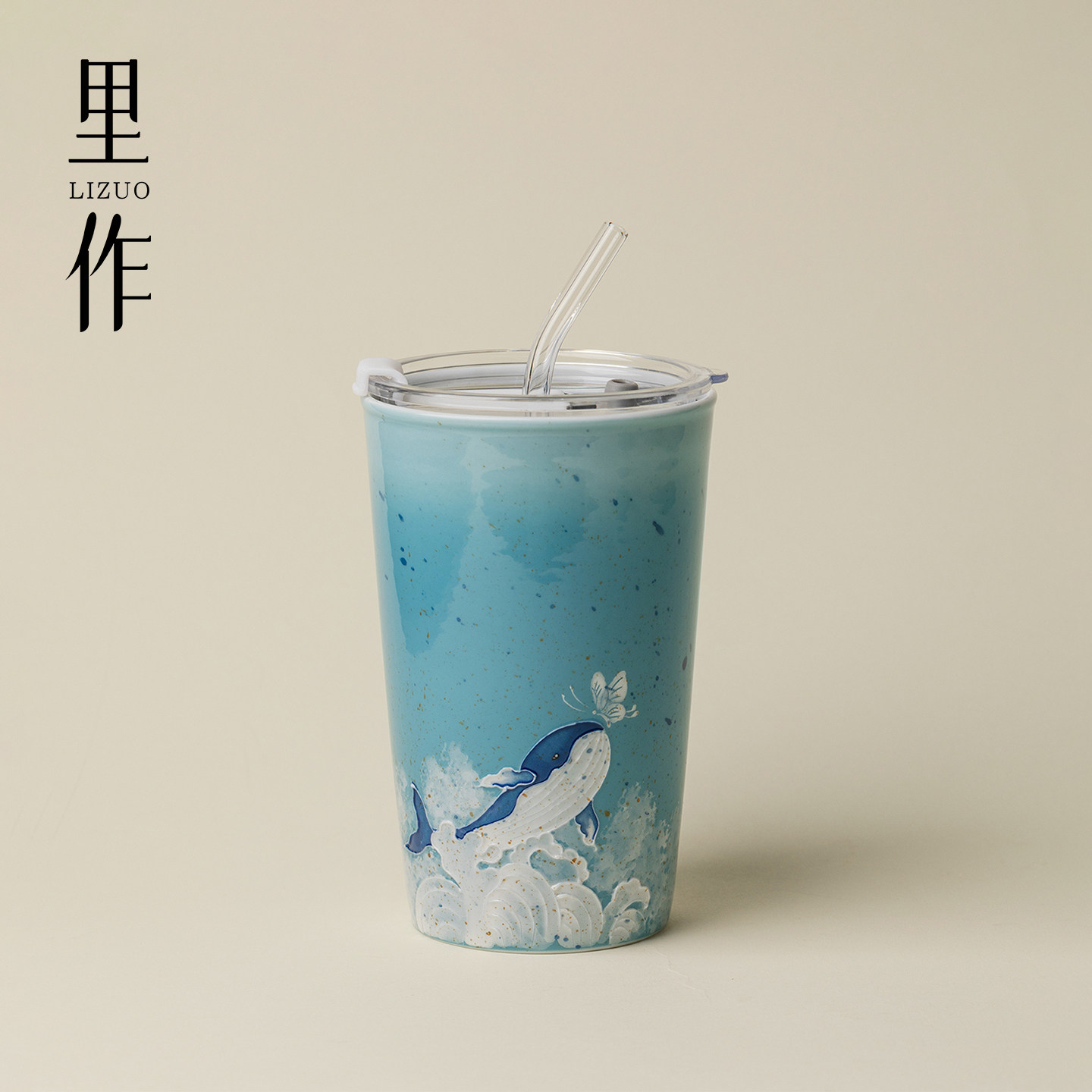 里作 新中式手绘鲸舟吸管杯小清新陶瓷直饮杯带玻璃吸管喝水水杯