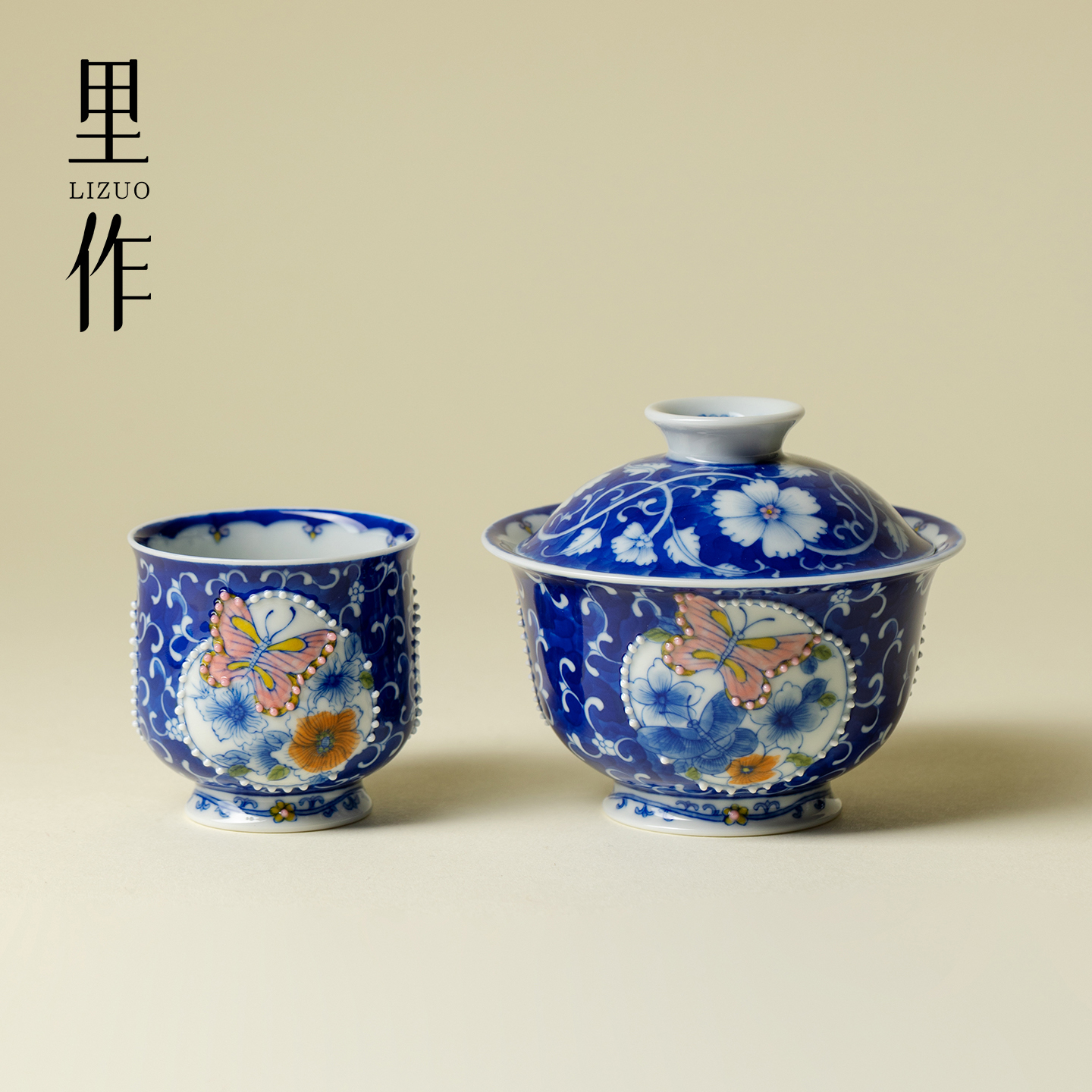 里作 精工青花手绘汾水蝴蝶盖碗主人杯新中式纯手工陶瓷功夫茶具