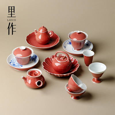 半斋豇豆红花口玉兰盖碗茶杯壶承茶壶景德镇青花手绘手工功夫茶具