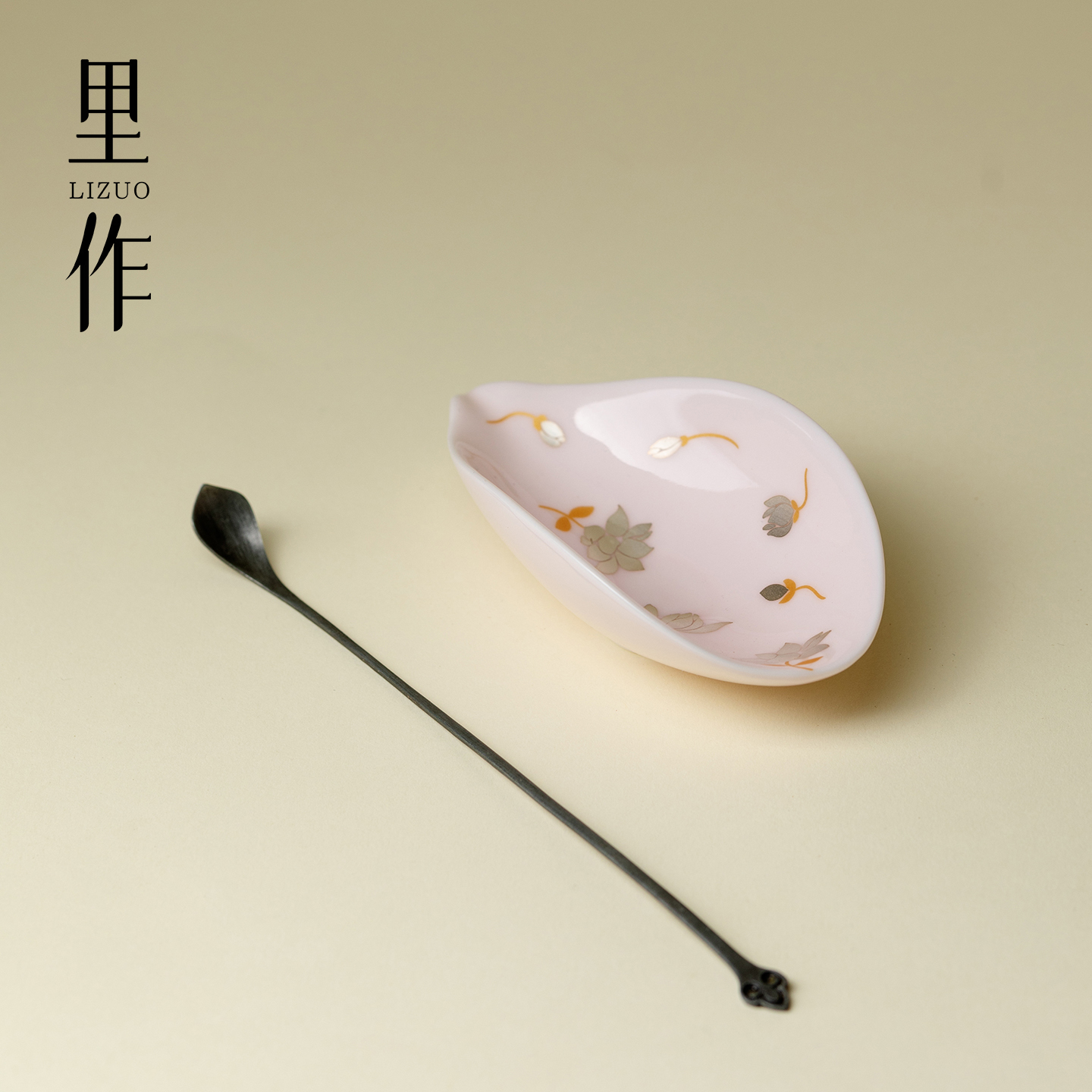 里作纯银彩玉兰花茶则茶拨两件套