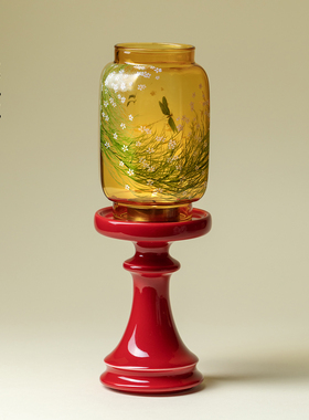 里作新中式禅意明清烛台故宫红玻璃手绘蜡烛摆件茶室中古风氛围灯