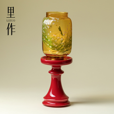 里作新中式禅意明清烛台故宫红玻璃手绘蜡烛摆件茶室中古风氛围灯