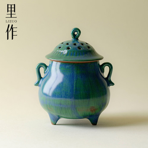 里作粗陶窑变官绿釉空弦香炉原创手工熏香炉家用室内沉香檀香炉子