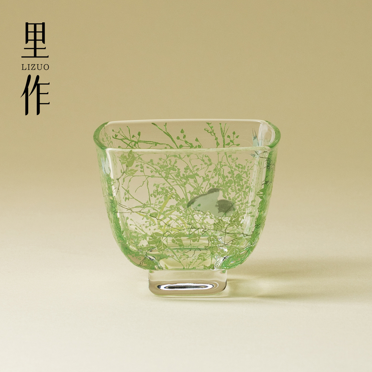 里作 小清新蔓栖玻璃四方茶杯高颜值精致手工品茗杯高硼硅主人杯
