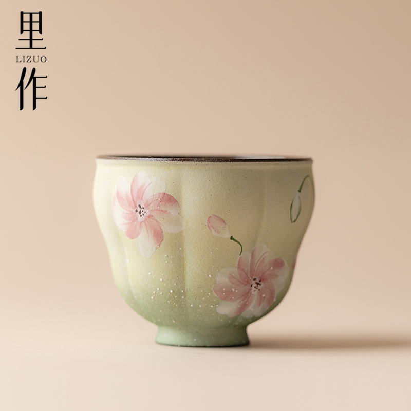 里作粗陶粉彩手绘樱花花口主人杯高颜值女士手工茶杯功夫茶具单杯