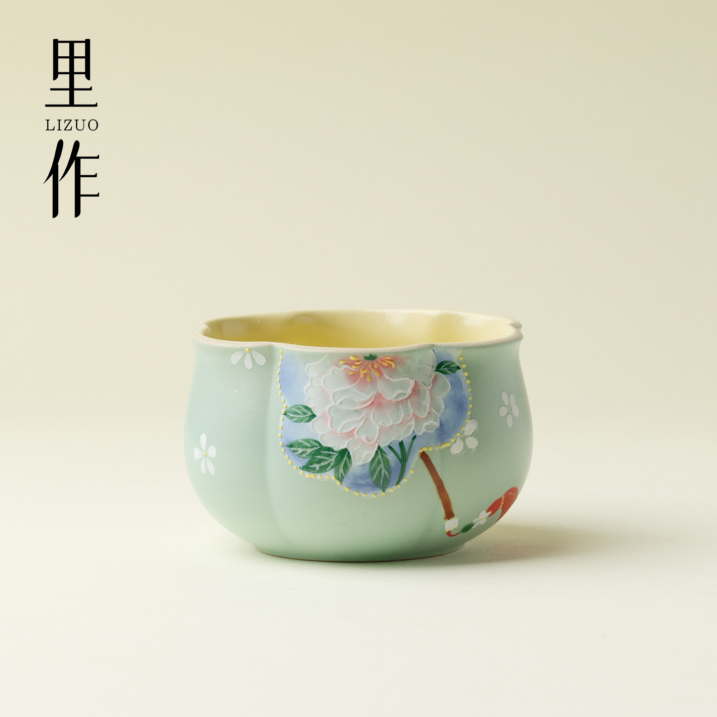 里作手绘浅青开窗牡丹花朵主人杯高端陶瓷茶杯家用功夫茶具品茗杯