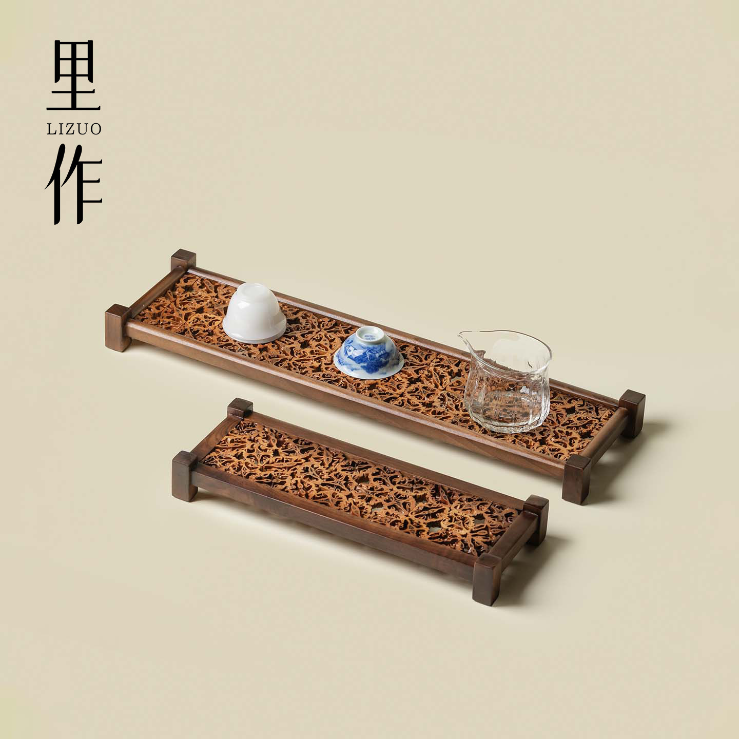 里作复古核桃木置物架镂空雕花茶道收纳架高档轻奢家用茶具展示架