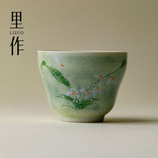 粉彩手绘文心兰主人杯精致手工茶杯小清新功夫茶具品茗杯子 里作