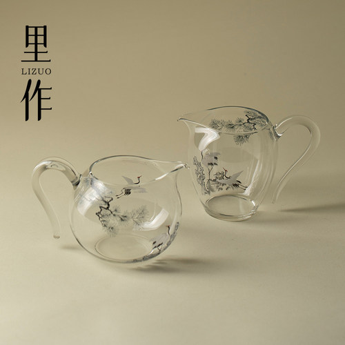 里作 新中式墨彩松鹤玻璃公道杯精致创意透明带把分茶器茶具茶海