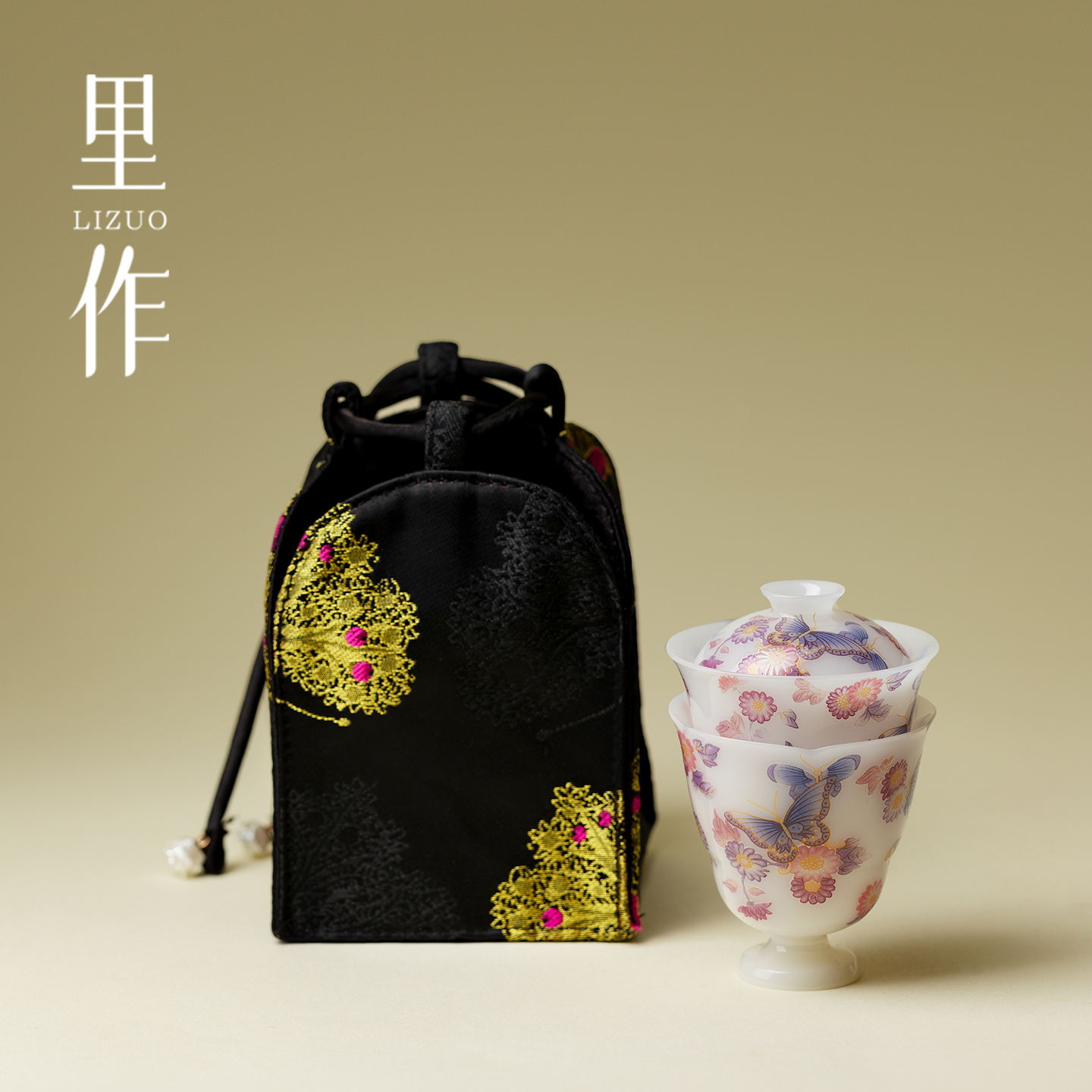 里作冰种玉瓷盖碗小套装高档璞玉蝶戏繁花白瓷旅行茶具一人饮茶具