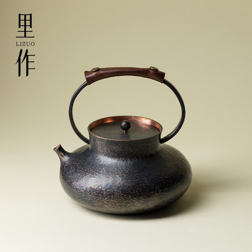 里作 纯紫铜做旧复古提梁烧水壶手工一体锻打围炉煮茶壶功夫茶具