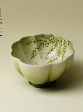 里作 渐变绿手绘紫藤花口主人杯高端陶瓷粉彩茶杯茶具品茗杯茶盏