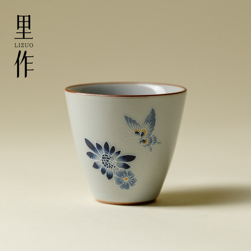 里作 青花银彩蝶恋花茶杯陶瓷功夫茶具主人杯女士个人品茗杯单杯