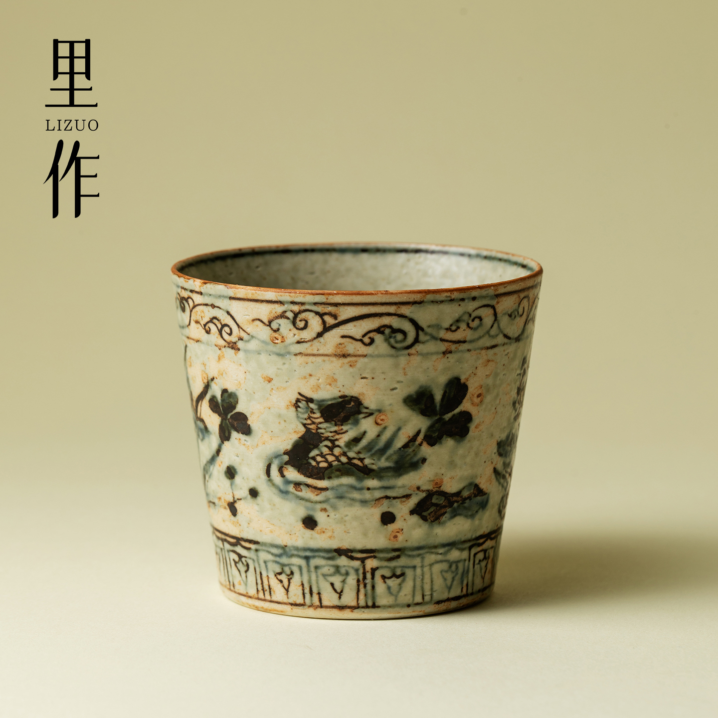 里作 复古青花手绘咖啡杯景德镇全手工胎焦糖釉茶杯品茗杯主人杯