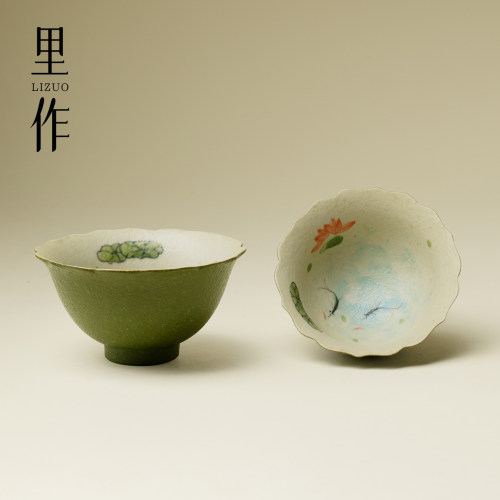 里作火石红纯手绘荷鱼花边茶杯陶瓷中式品茗杯家用功夫茶具主人杯