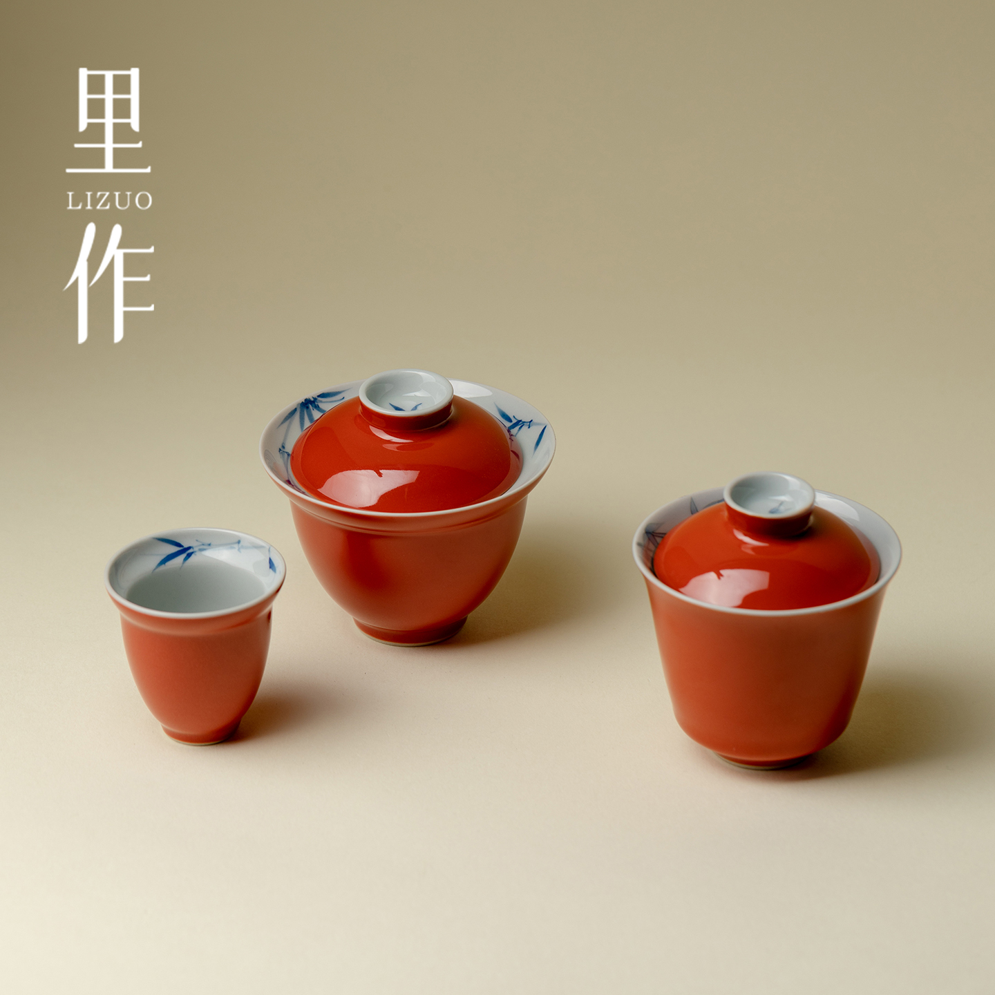 里作新中式矾红手绘竹韵薄胎盖碗茶杯中国红高温不烫手泡茶碗茶具
