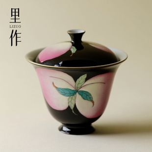 雅同集景德镇黑地粉彩手绘仙桃盖碗高端精致全手工薄胎泡茶碗茶具