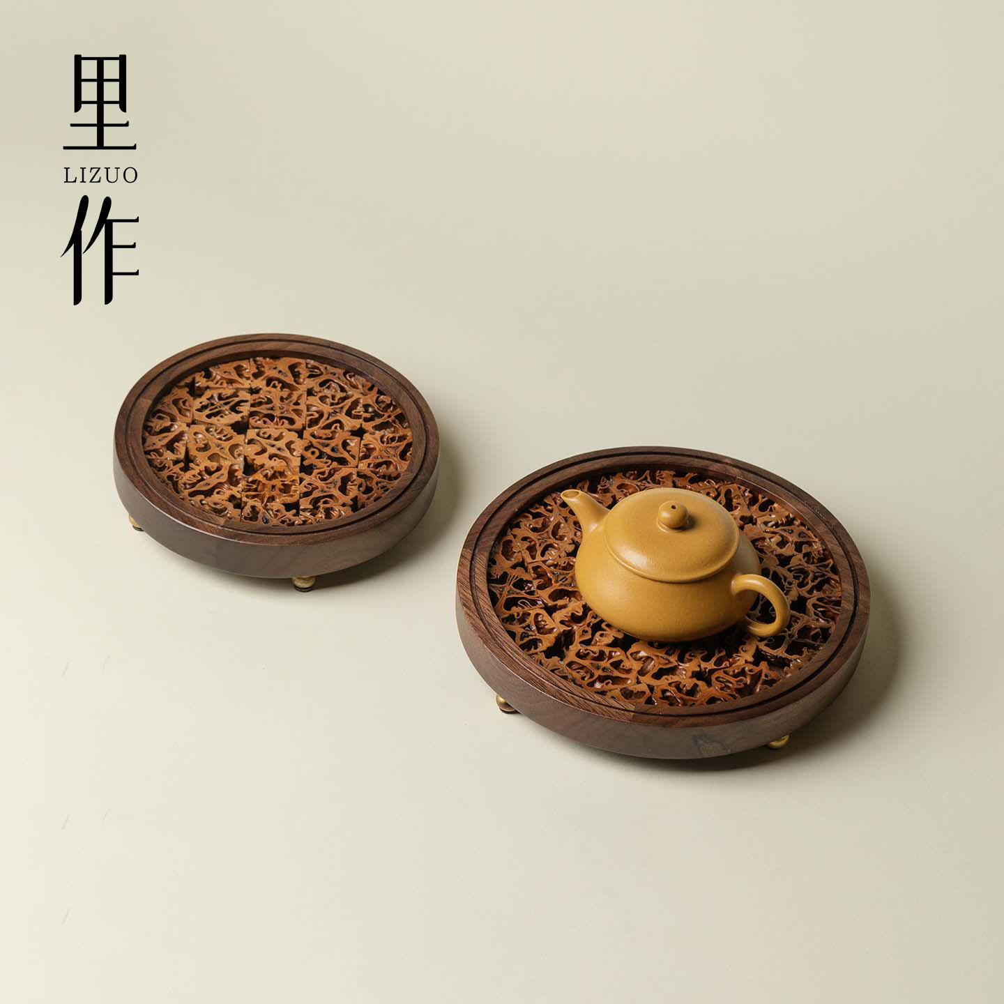 里作新中式核桃木壶承复古镂空雕花茶托功夫茶具茶道配件养壶垫子