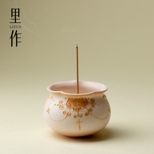 里作 窑变釉复古熏香炉创意手工香插底座 手绘卷帘珠线香香炉中式