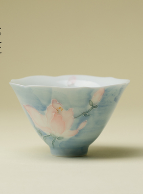 里作纯手绘雾漫玉兰芙瓣花茶杯陶瓷花口主人杯高足品茗杯单杯茶具